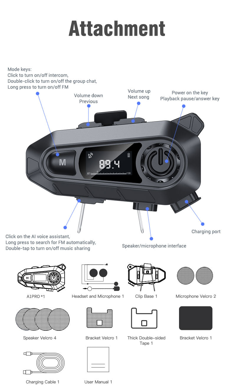 Motorcycle Helmet Bluetooth 5.3 Headset with LCD Intercom
