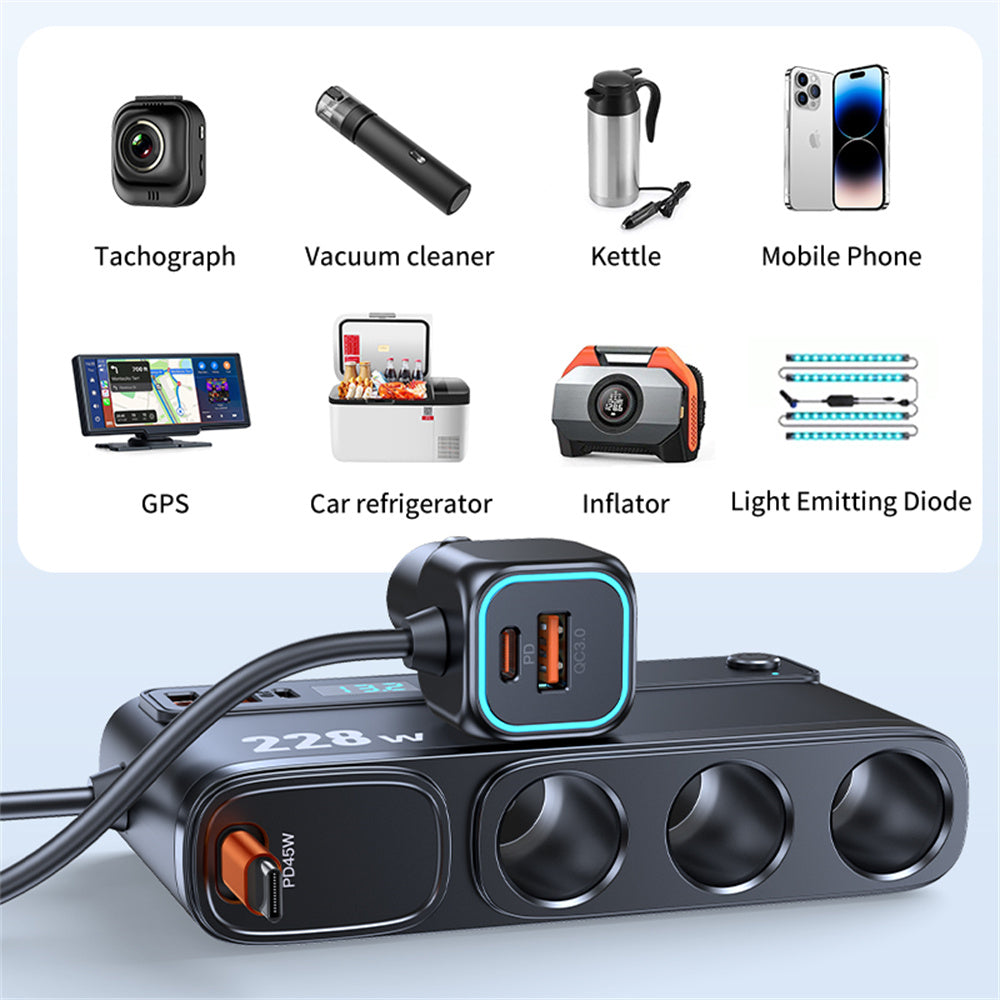 228W 9 Port Car Cigarette Lighter Splitter with Retractable PD Cable