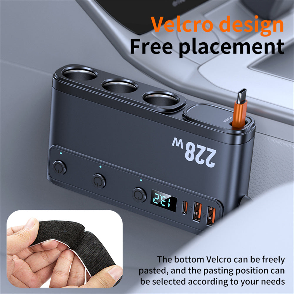 228W 9 Port Car Cigarette Lighter Splitter with Retractable PD Cable