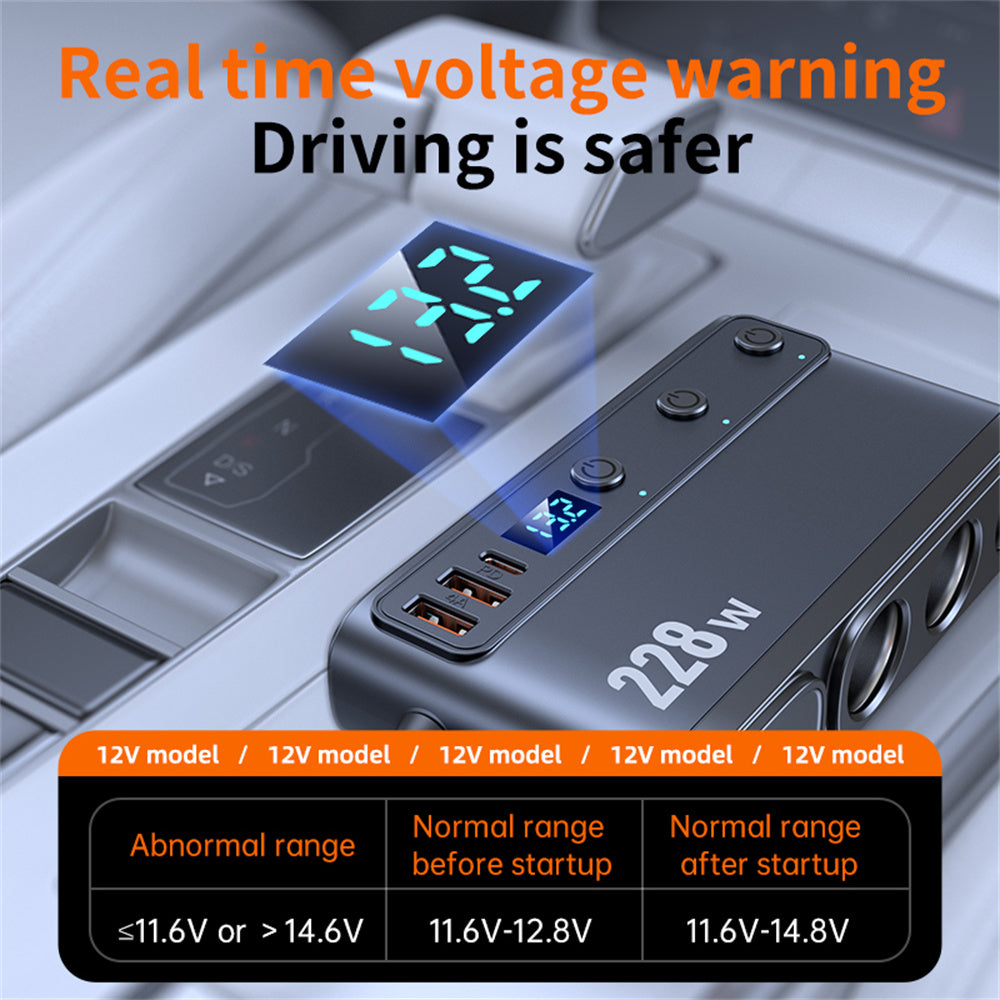 228W 9 Port Car Cigarette Lighter Splitter with Retractable PD Cable