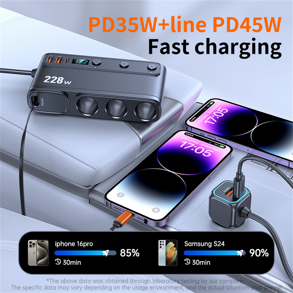 228W 9 Port Car Cigarette Lighter Splitter with Retractable PD Cable