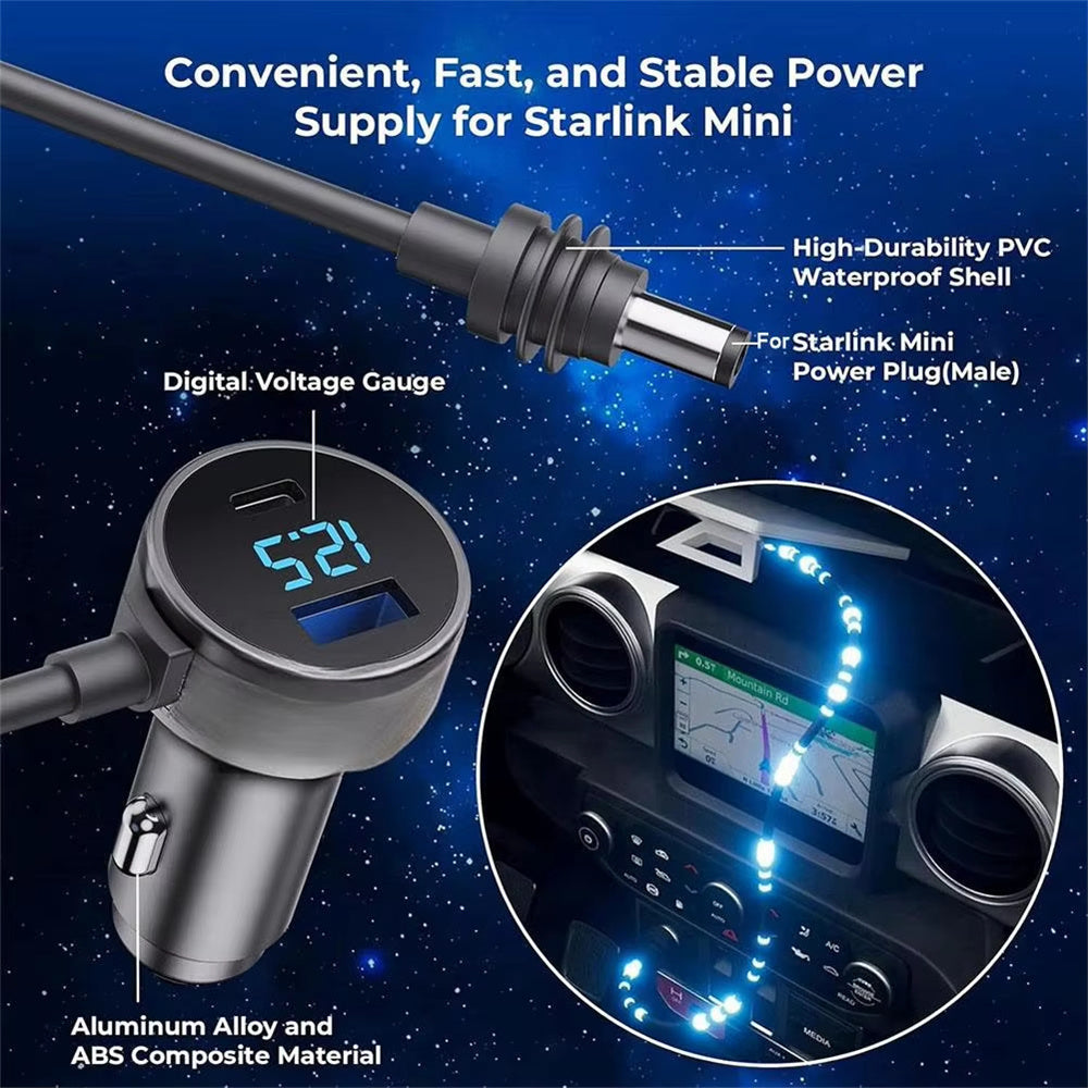 163W Car Charger Adapter for Starlink Mini with USB-C and DC Cable