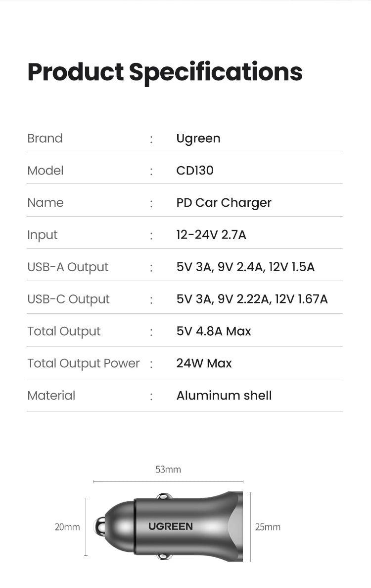 Dual Port 30W Fast Car Charger with USB-C and USB-A
