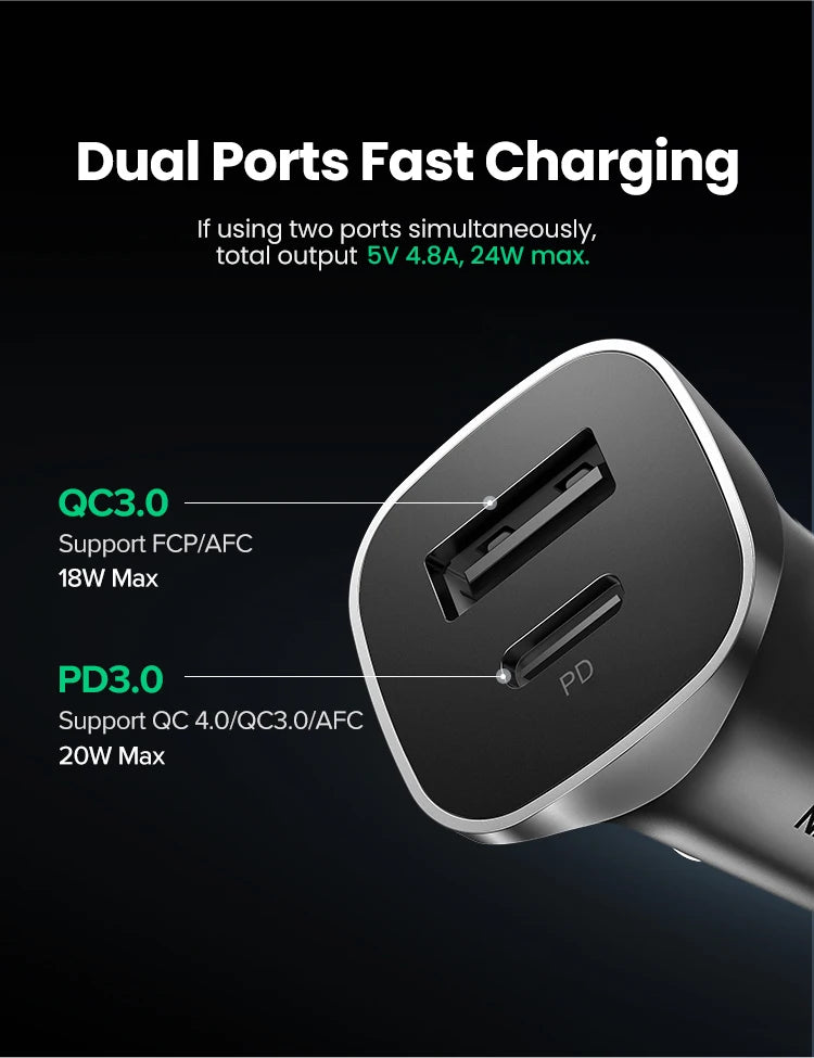 Dual Port 30W Fast Car Charger with USB-C and USB-A