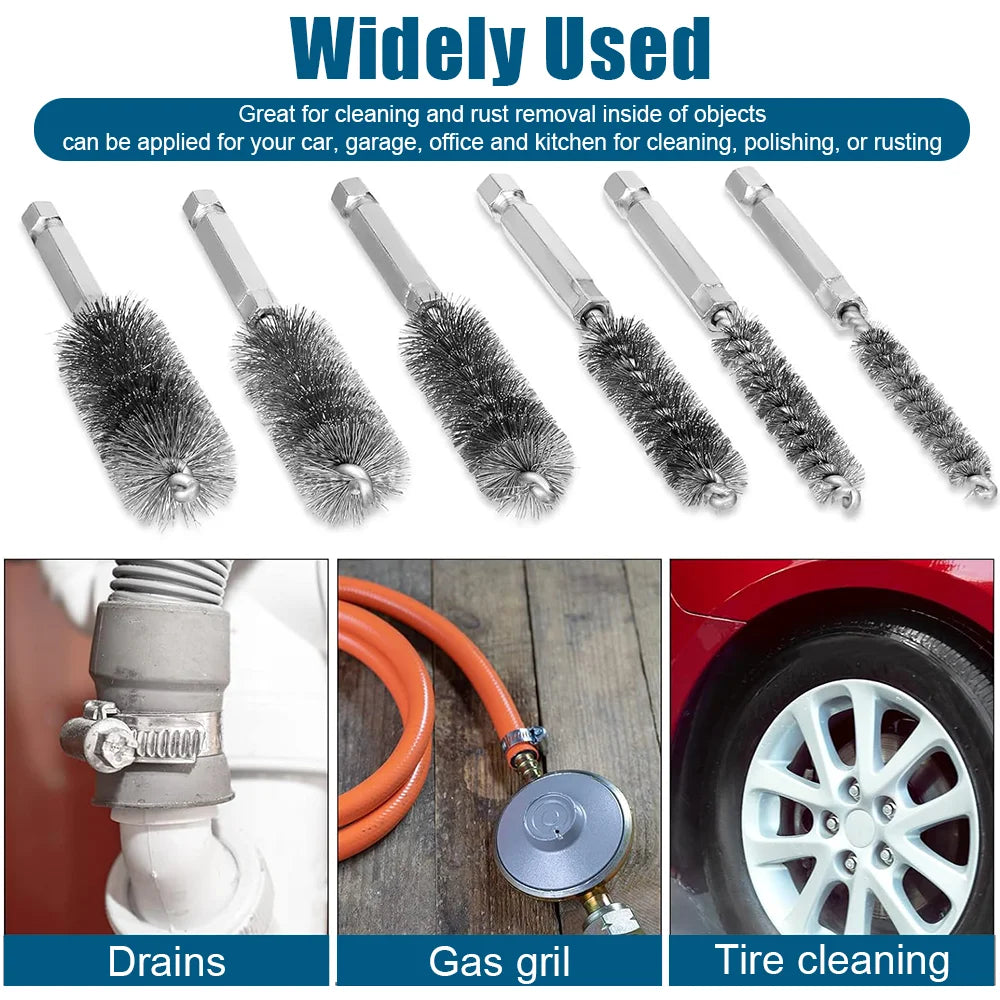 Stainless Steel Bore Cleaning Brush Set with 1/4" Hex Shank - 6