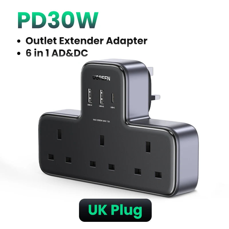 30W 6-in-1 Wall Outlet Extender with USB-C and USB-A Ports