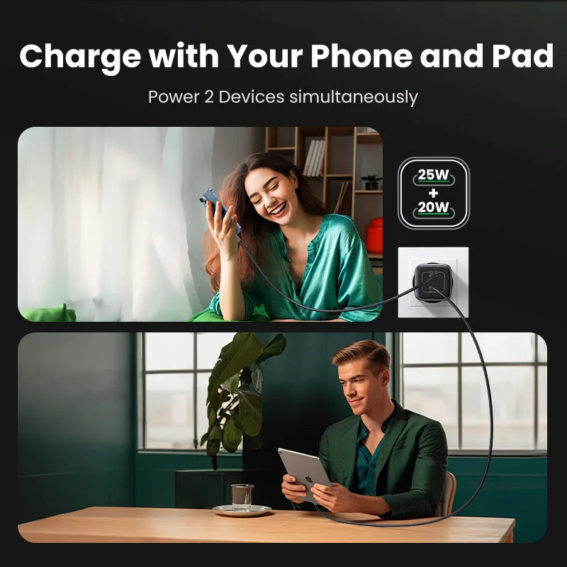 45W Dual USB-C GaN Fast Wall Charger for Smartphones and Tablets