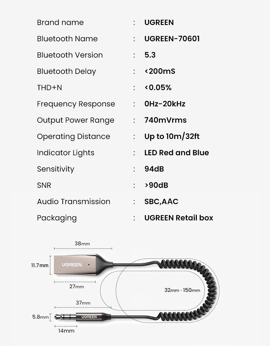 Bluetooth 5.3 Wireless Audio Receiver Adapter for Car AUX