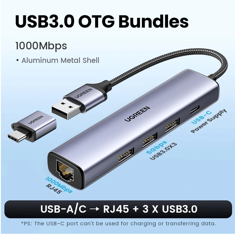 USB 3.0 to Gigabit Ethernet Adapter with 3-Port USB Hub