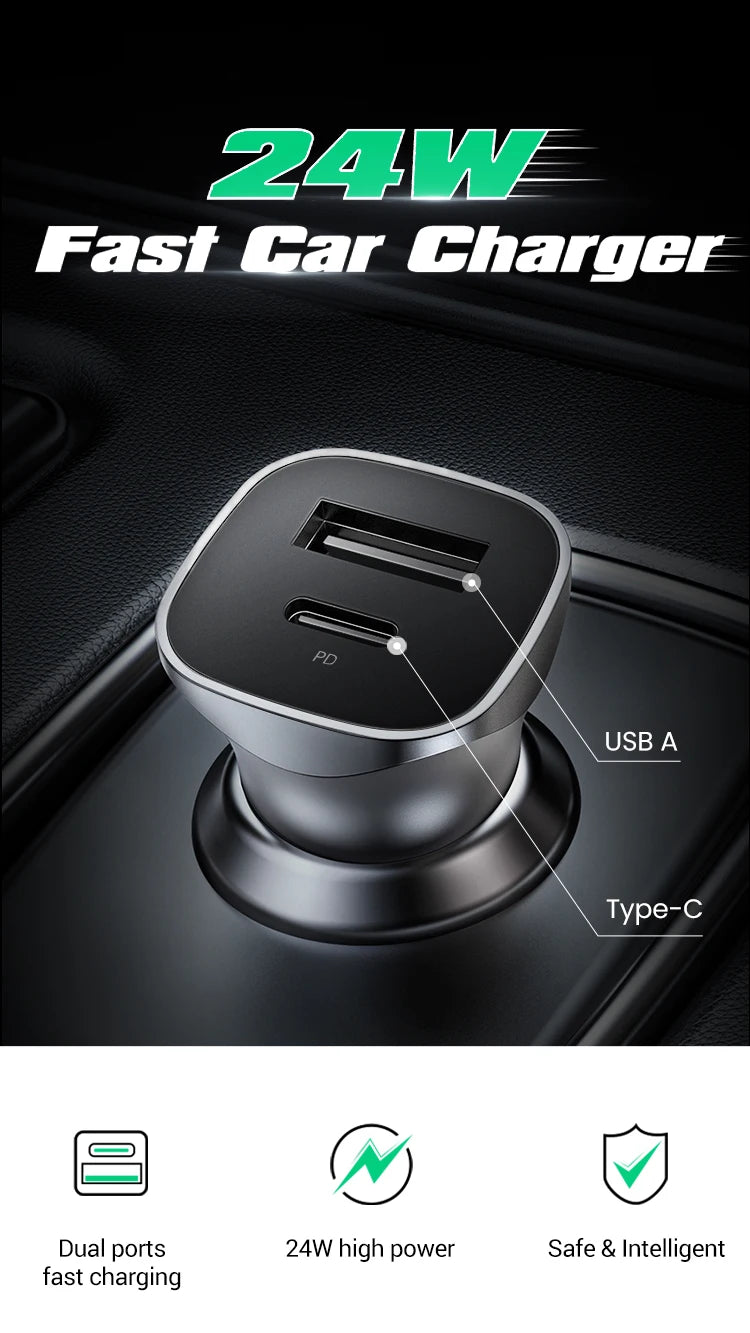 Dual Port 30W Fast Car Charger with USB-C and USB-A - 9