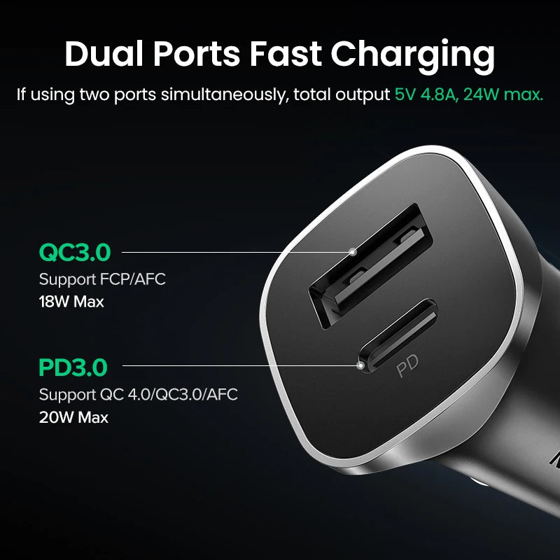 Dual Port 30W Fast Car Charger with USB-C and USB-A - 2