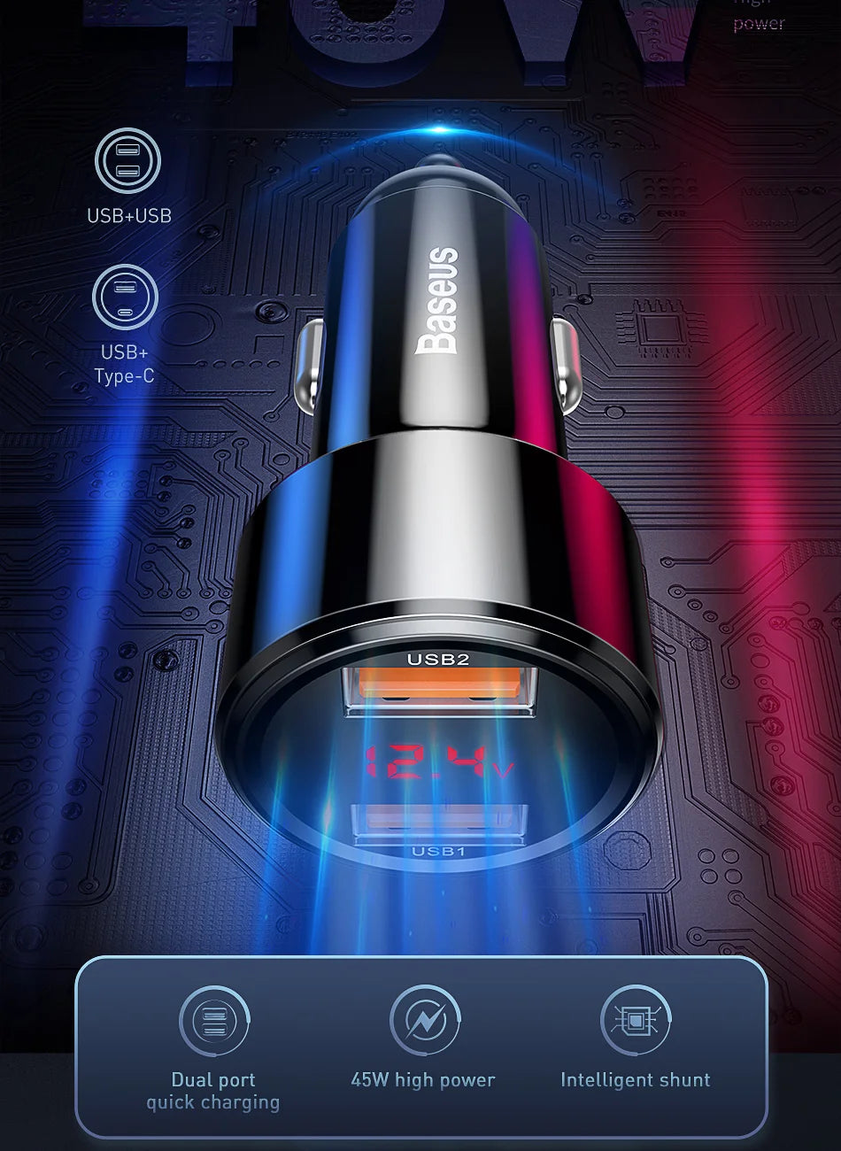 45W Dual-Port Fast Car Charger with LED Voltage Display - 9