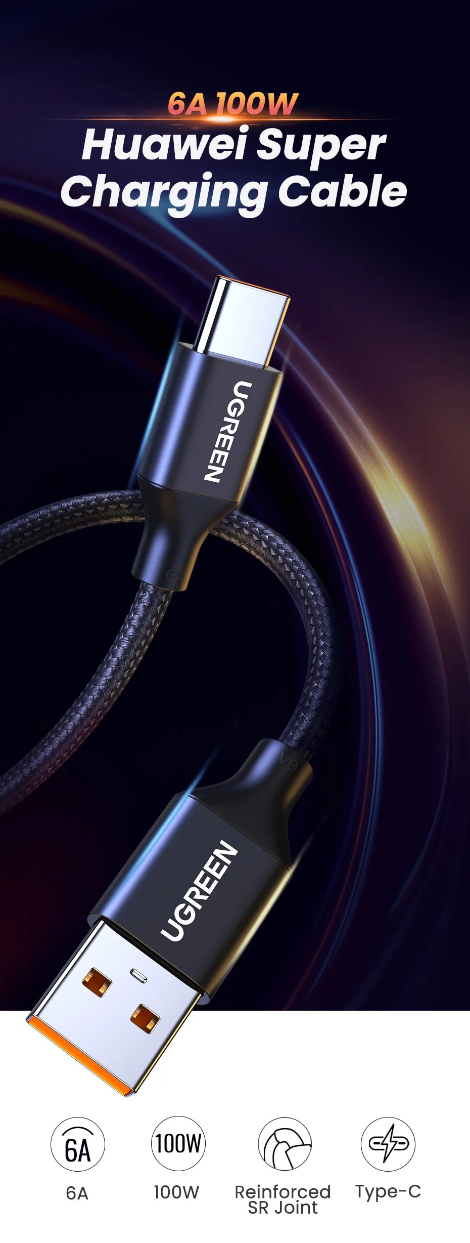 100W 6A Fast Charging Cable for Huawei and Honor Smartphones