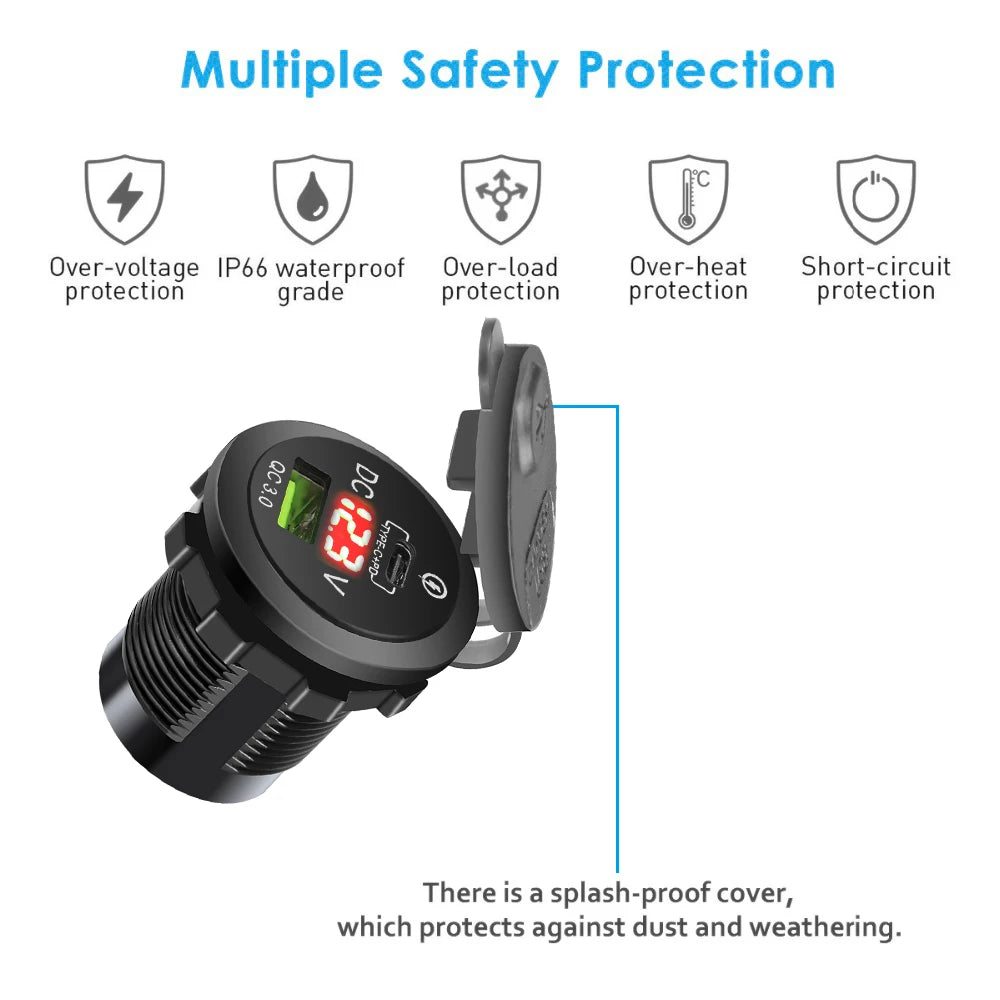 Dual Port USB-C PD and QC 3.0 Car Charger with LED Voltmeter