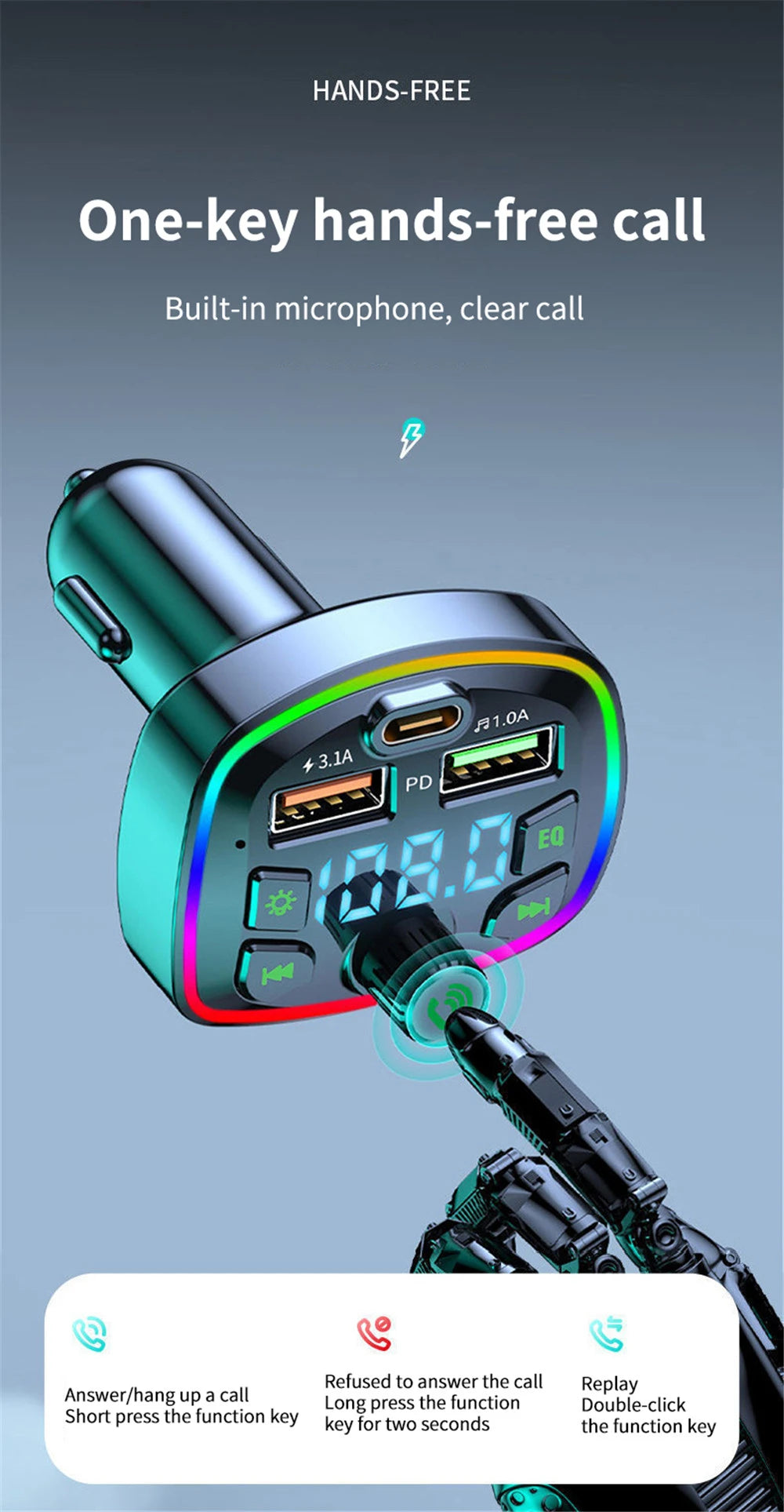Bluetooth 5.0 FM Transmitter Car Charger PD 18W USB Dual Port Adapter