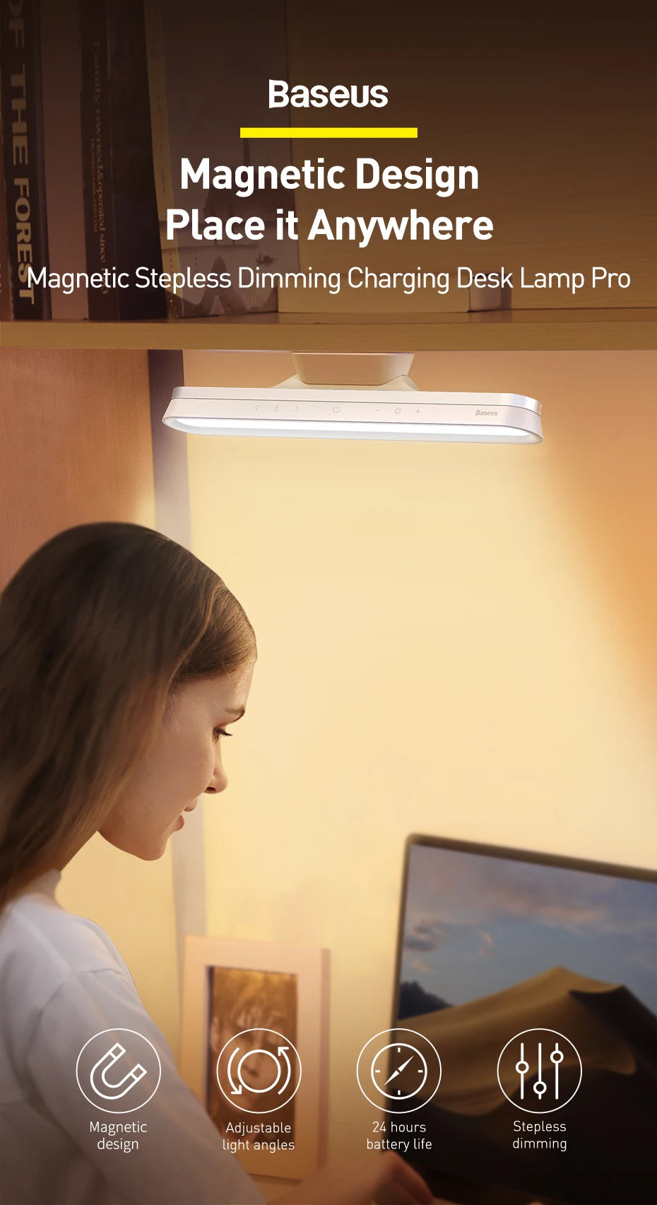 Magnetic Rechargeable LED Desk Lamp with Stepless Dimming