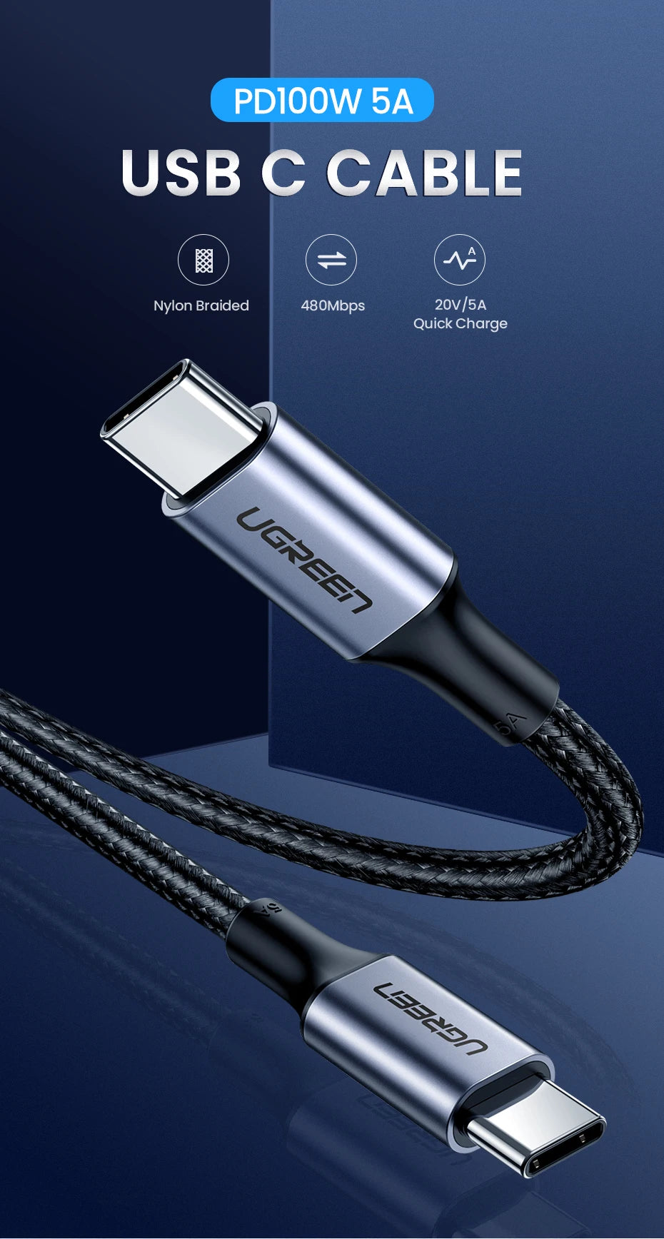100W USB-C to USB-C Fast Charging Power Delivery Cable - 7