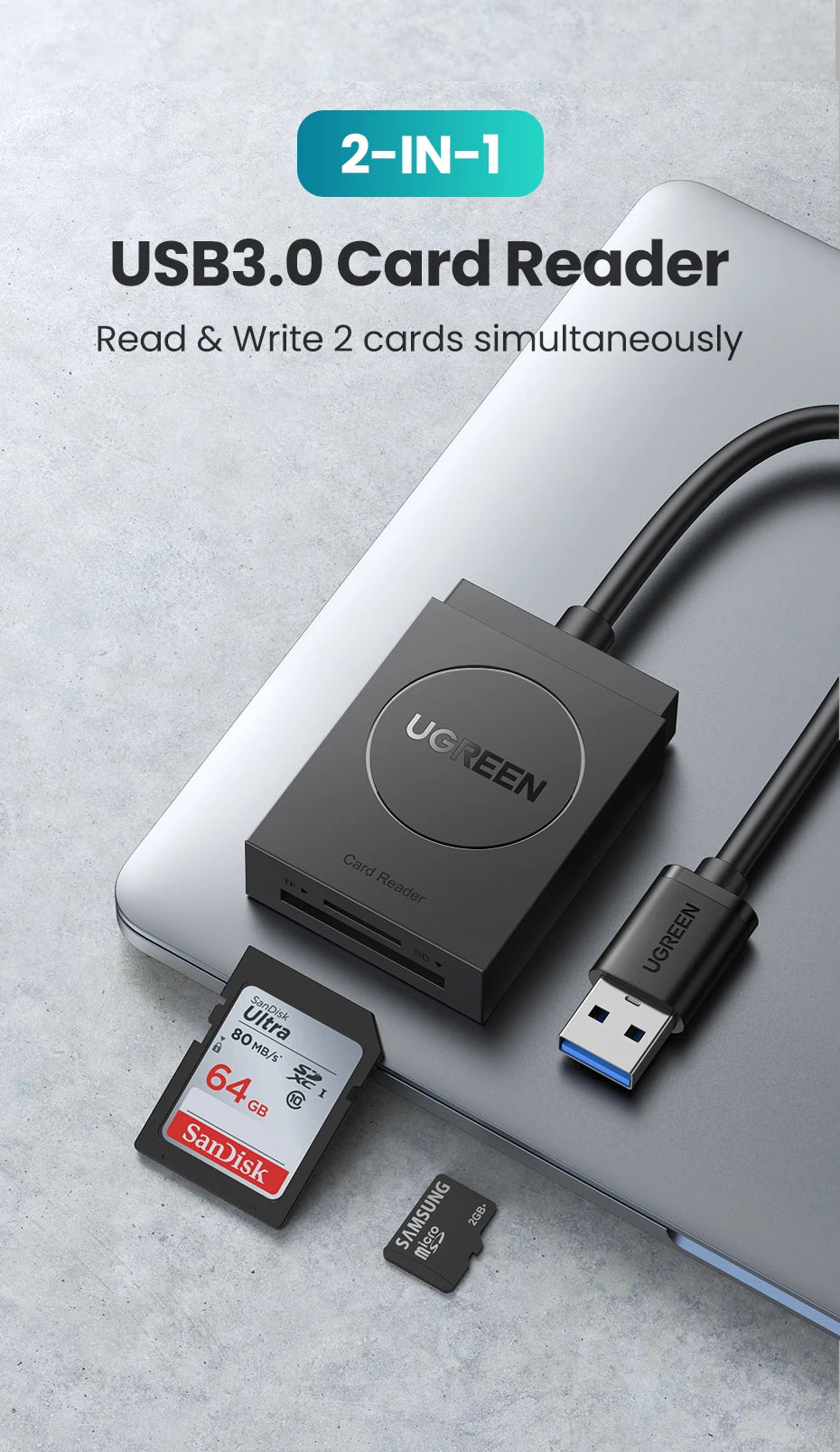 2-in-1 USB 3.0 SD and Micro SD Memory Card Reader Adapter - 7