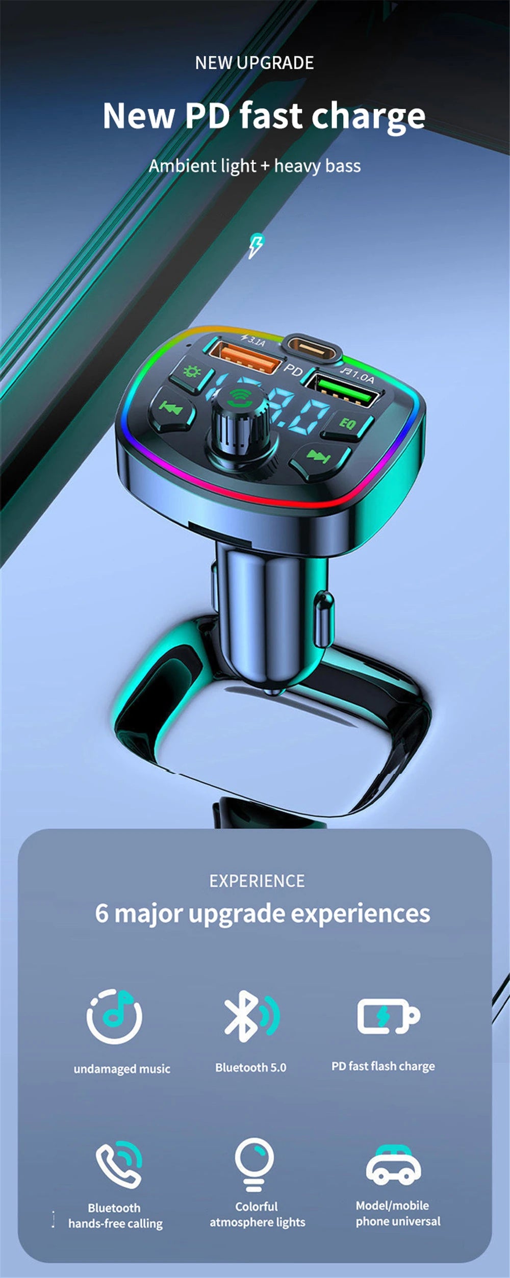 Bluetooth 5.0 FM Transmitter Car Charger PD 18W USB Dual Port Adapter