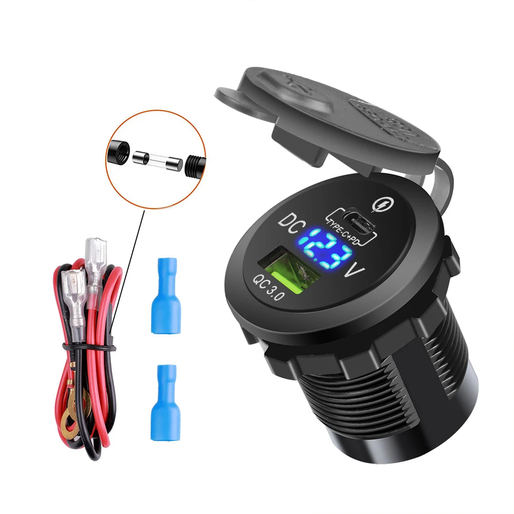 Dual Port USB-C PD and QC 3.0 Car Charger with LED Voltmeter