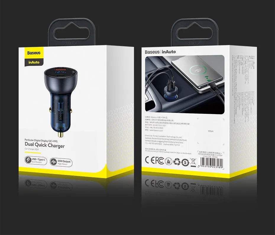 65W Dual Port Fast Car Charger with Voltage Display