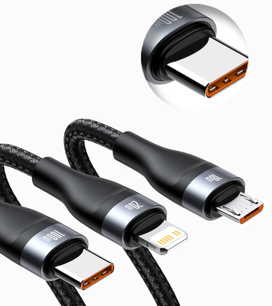 3-in-1 Fast Charging USB Cable with 100W PD Power Delivery - 18