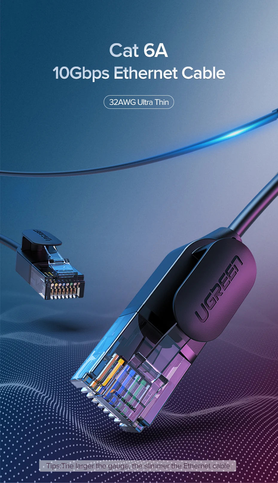 Cat 6A Ultra Slim Ethernet Cable 10Gbps High-Speed Network Cord