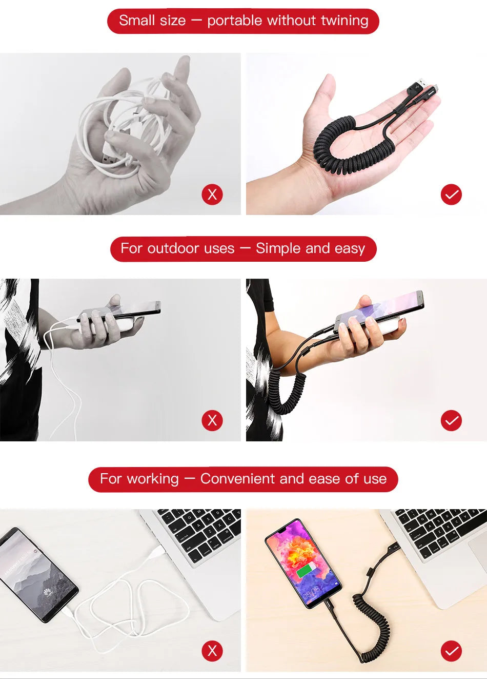 Retractable Spring USB-C Charging and Data Cable