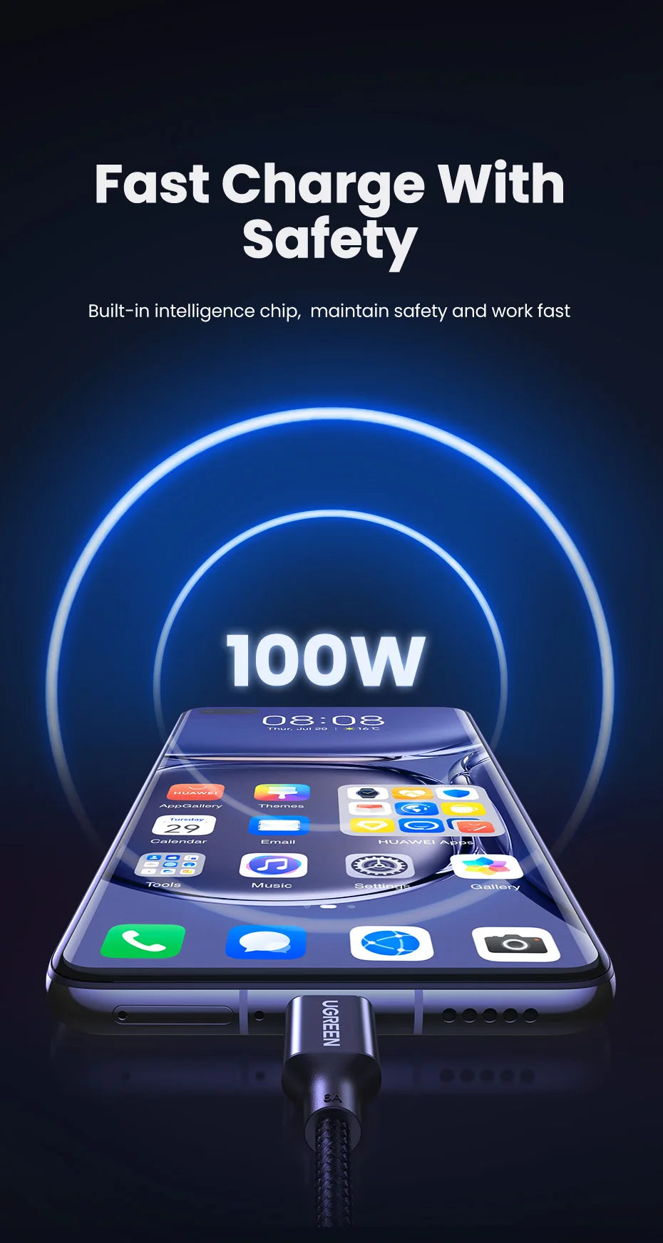 100W 6A Fast Charging Cable for Huawei and Honor Smartphones