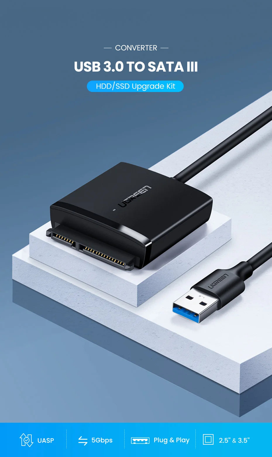 USB 3.0 to SATA Adapter for 2.5 and 3.5 Inch HDD SSD