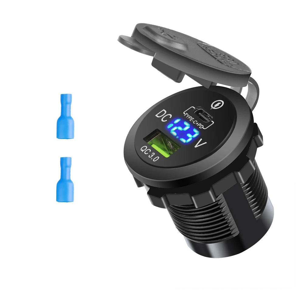 Dual Port USB-C PD and QC 3.0 Car Charger with LED Voltmeter