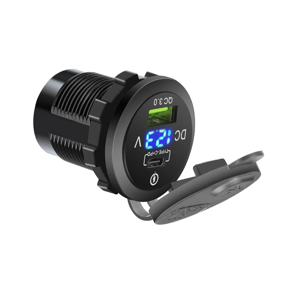 Dual Port USB-C PD and QC 3.0 Car Charger with LED Voltmeter - 16