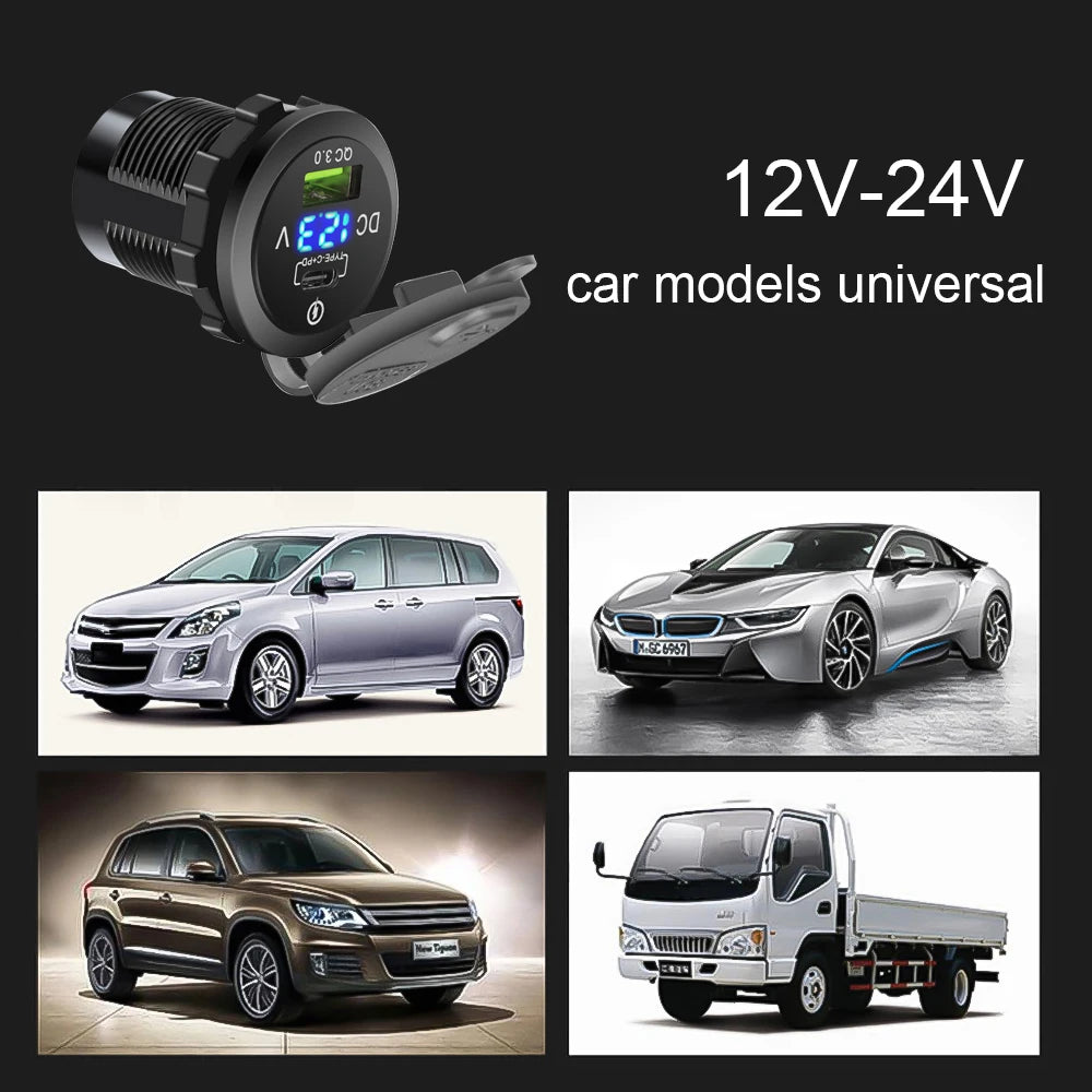 Dual Port USB-C PD and QC 3.0 Car Charger with LED Voltmeter