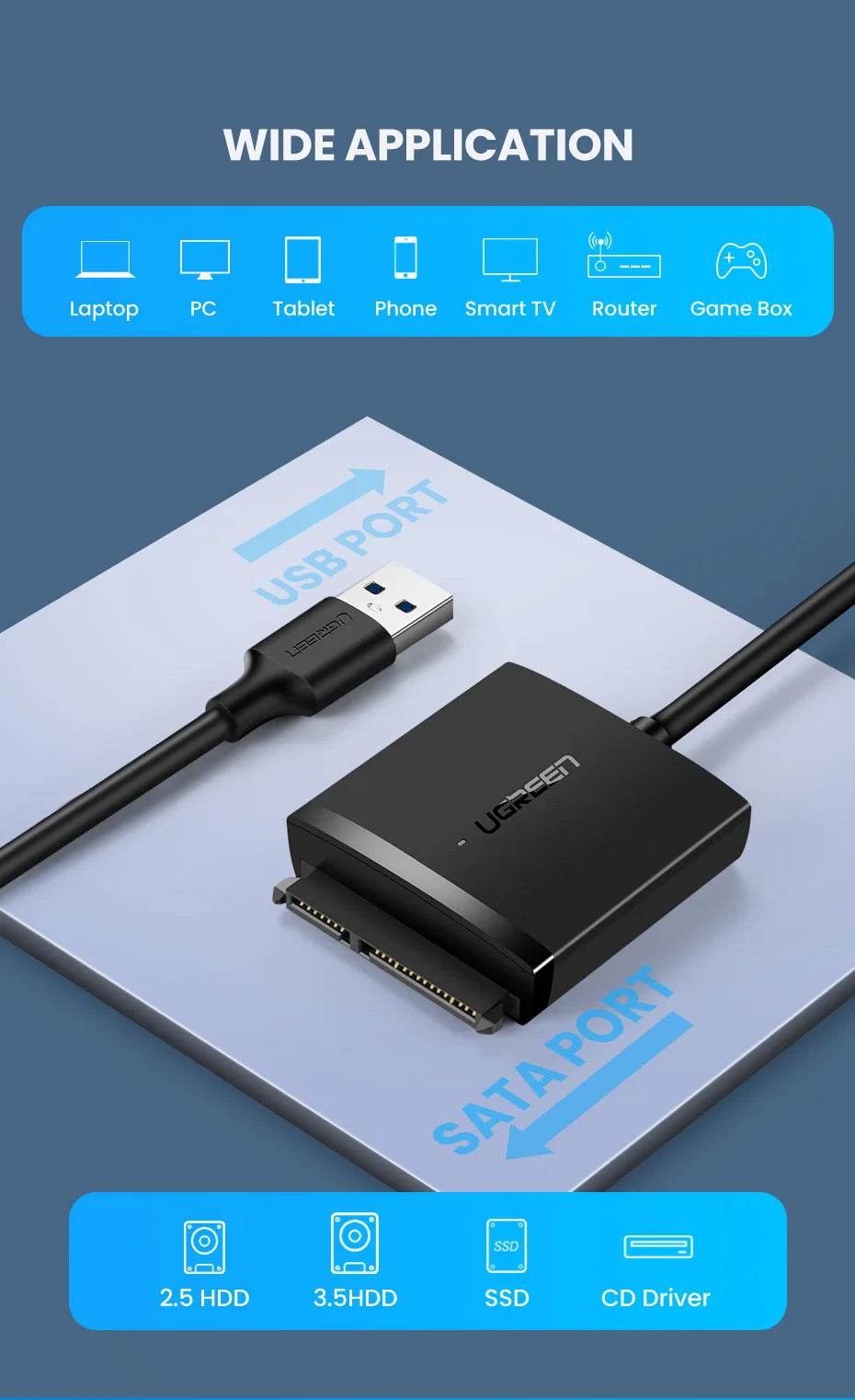 USB 3.0 to SATA Adapter for 2.5 and 3.5 Inch HDD SSD