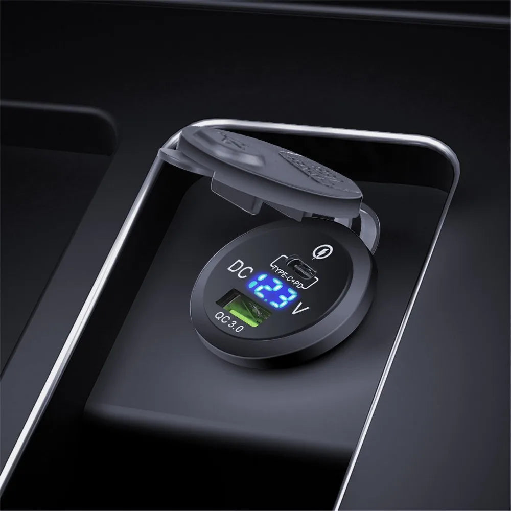 Dual Port USB-C PD and QC 3.0 Car Charger with LED Voltmeter