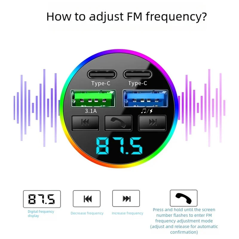 Bluetooth 5.0 FM Transmitter 66W 4 Port Car Charger Handsfree Adapter