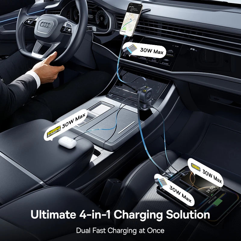 4-Port Fast Car Charger with Retractable Cables