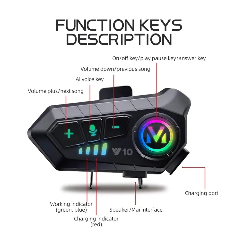 Motorcycle Helmet Bluetooth 5.3 Headset with Voice Control