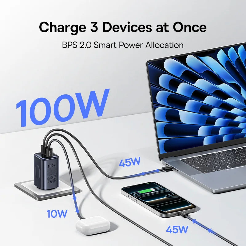 100W GaN 3-Port Fast Wall Charger for Laptops and Smartphones