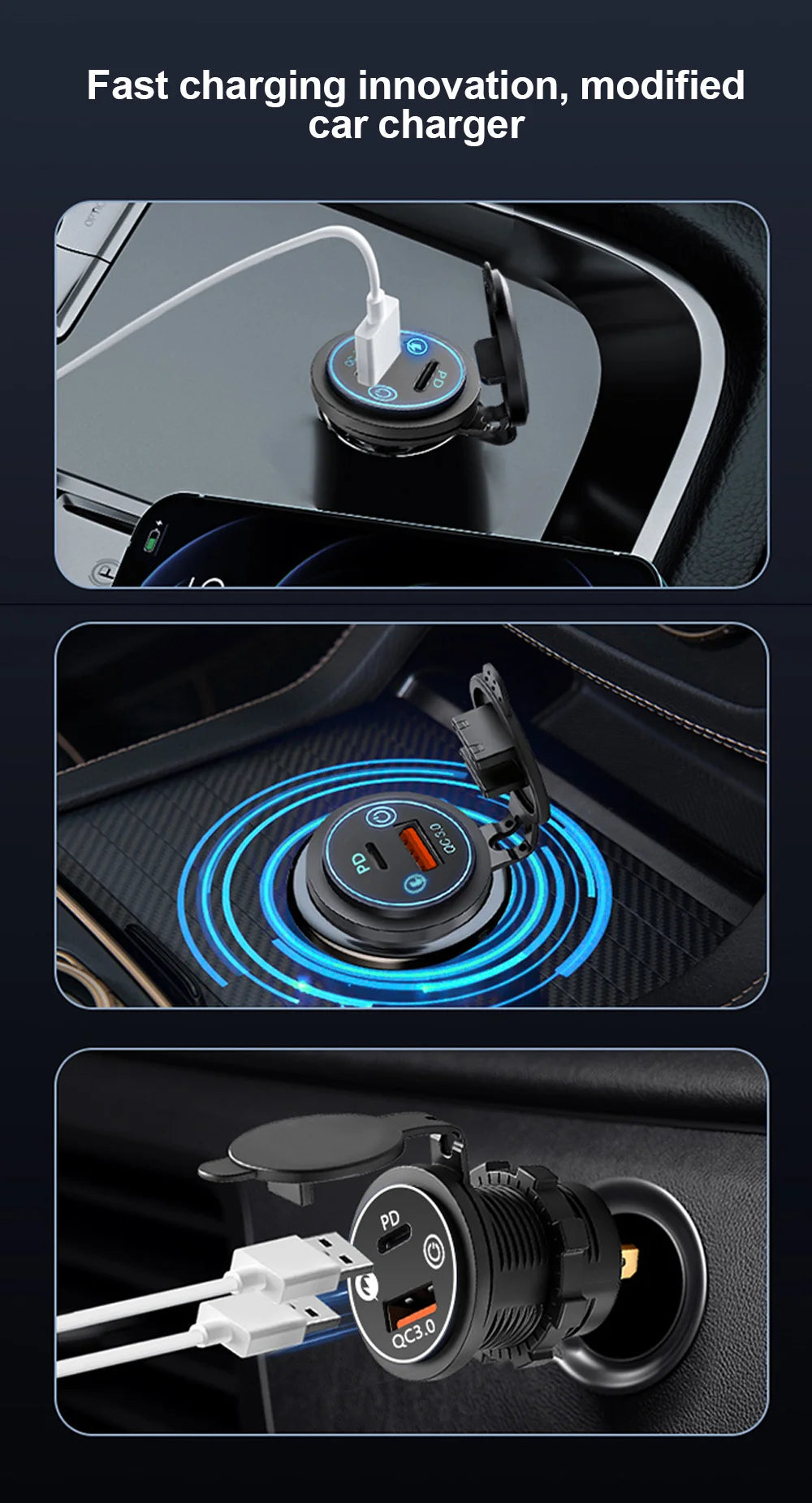 Dual USB Type C Quick Charger Socket PD30W QC3.0 for 12V 24V Vehicles