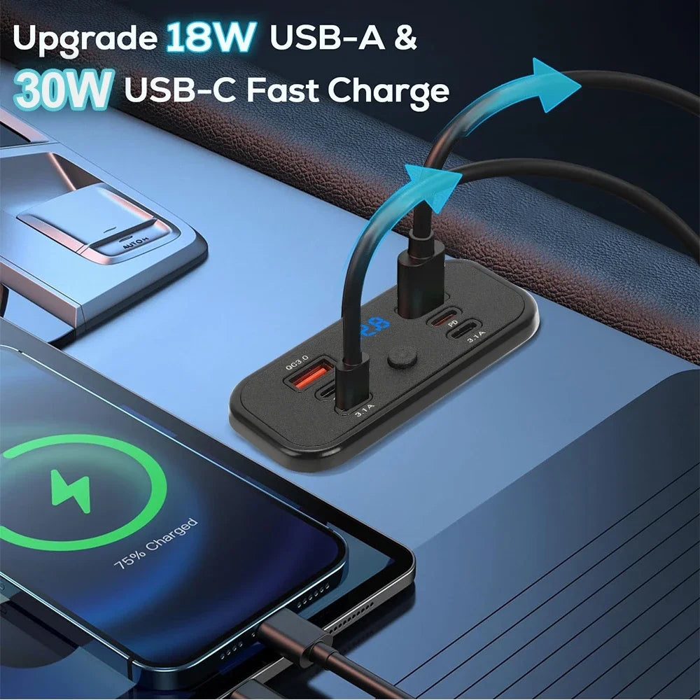 112W Multi-Port USB Fast Car Charger with Voltage Display
