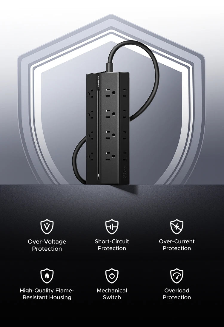 20-in-1 Trapezoidal Power Strip with 20W Fast Charging USB Ports