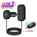 127W 5 Port Fast Car Charger with 150CM Extension Cable for Front Rear
