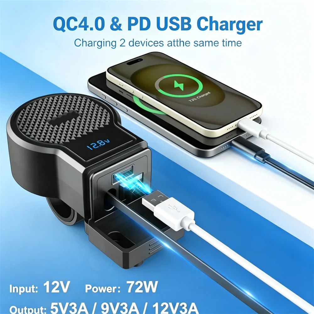 Motorcycle Dual Port USB C and A Fast Charger with Retractable Cable