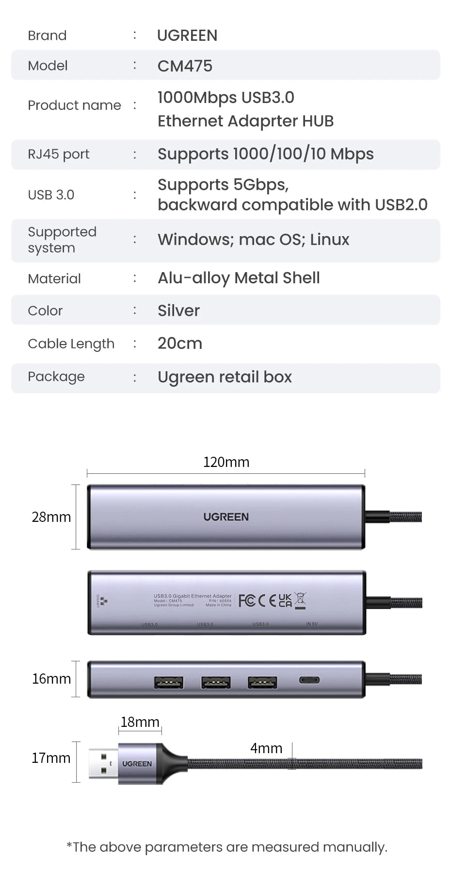 USB 3.0 to Gigabit Ethernet Adapter with 3-Port USB Hub