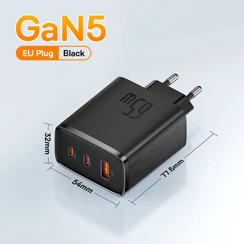 65W GaN Fast Wall Charger for Laptops and Smartphones