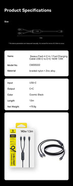 140W 2-in-1 USB-C Fast Charging Data Cable for Laptops and Tablets