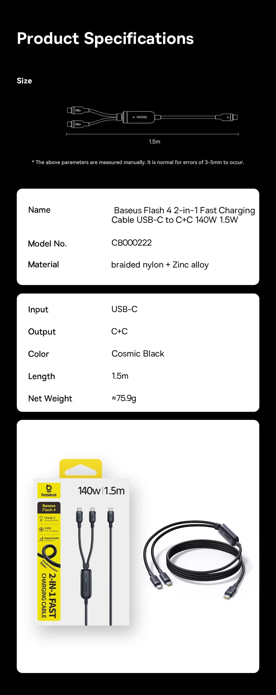 140W 2-in-1 USB-C Fast Charging Data Cable for Laptops and Tablets