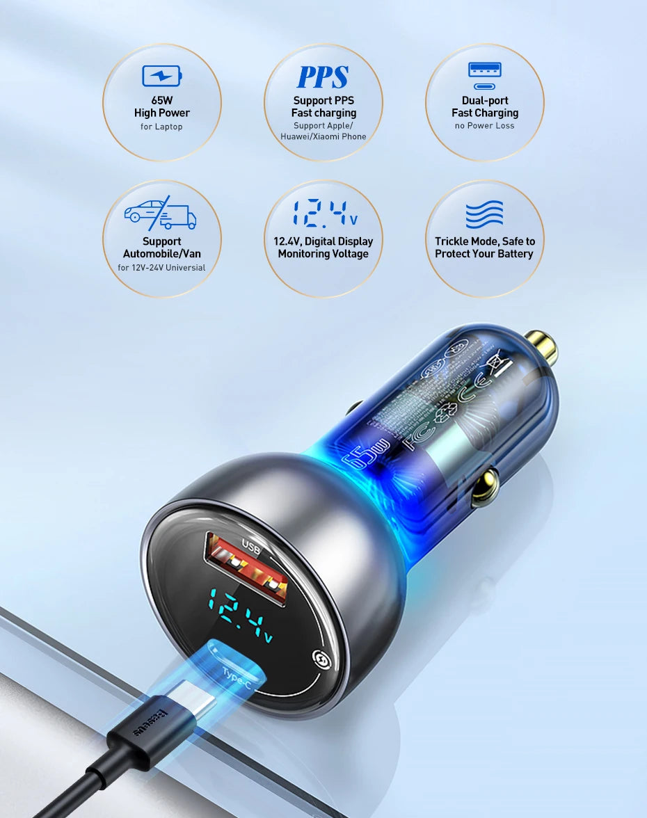 65W Dual Port Fast Car Charger with Voltage Display - 9
