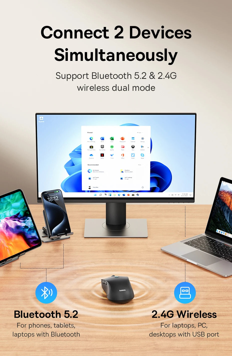 Ergonomic Bluetooth 5.2 & 2.4G Wireless Mouse with 4000DPI - 9